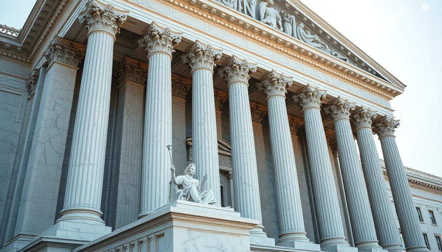 Imposing courthouse symbolizing FINRA Enforcement with statue and columns.