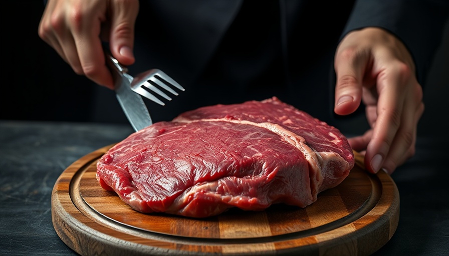Raw meat on board with knife and fork, high-protein carnivore diet
