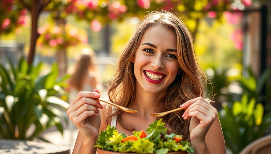 Smiling woman eating salad outdoors, processed plant-based foods weight loss.
