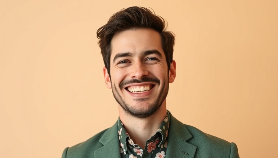 Cheerful man in floral shirt and green blazer smiling warmly.