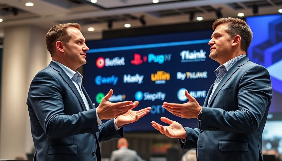 Businessmen at tech conference discussing AI amid S&P 500 decline.