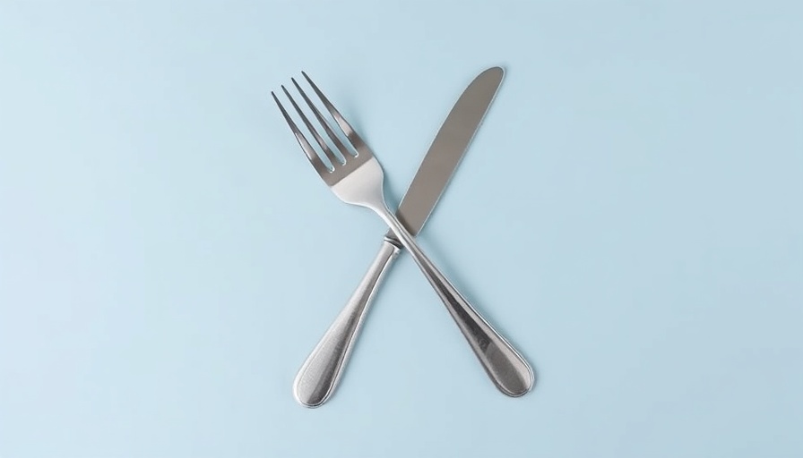 Crossed fork and knife on blue background, symbolizing cut 300 calories daily.
