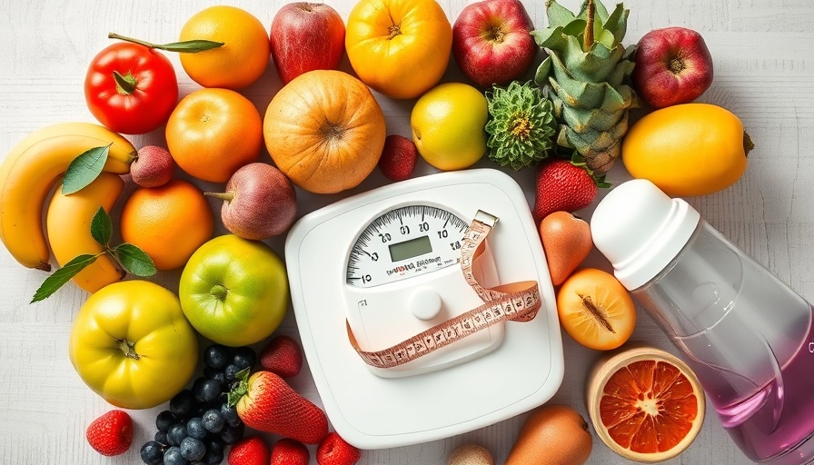 Vibrant fitness items including scale and fruits, Mounjaro weight loss drug concept.