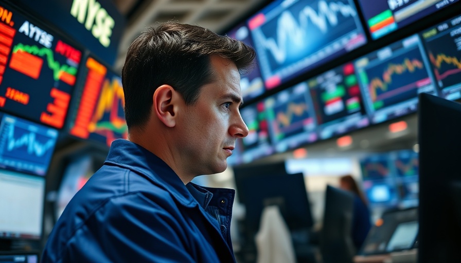 Stock market trader analyzing investments on a busy trading floor.