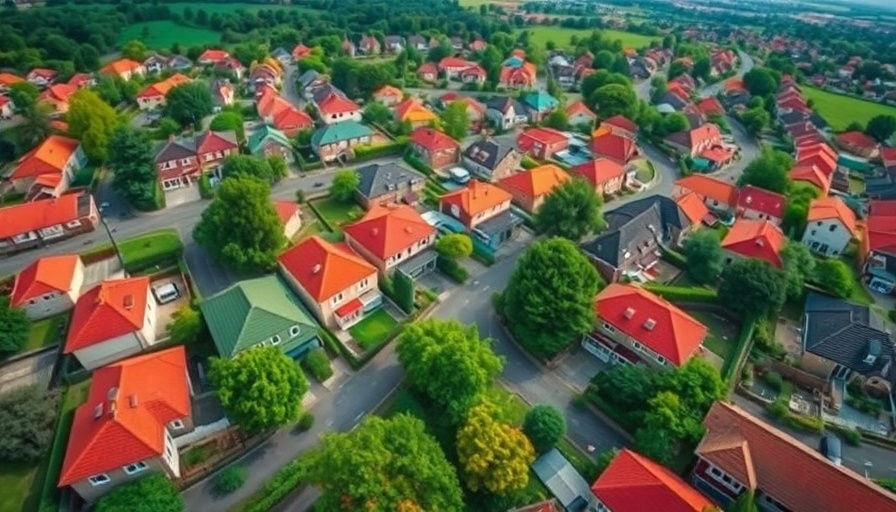 Aerial view of a vibrant suburb with colorful homes, investing in Ibraco Berhad.