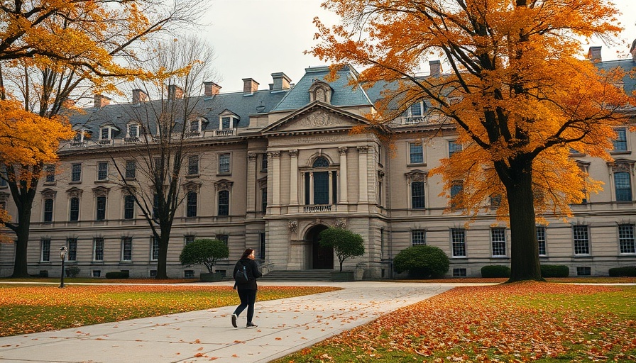 Student walks past historic university building in autumn.