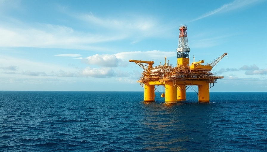 Offshore oil platform of Amplitude Energy Limited in calm ocean under a blue sky.