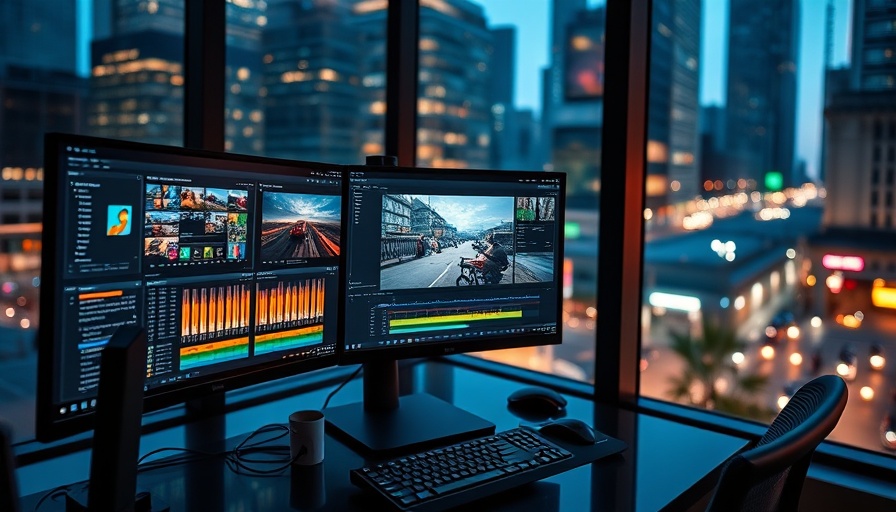 Vibrant computer setup with editing screens in city office.