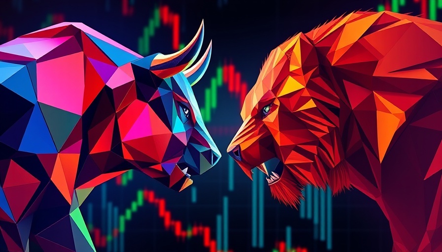Dynamic geometric bull and bear graphic, vibrant colors contrast.