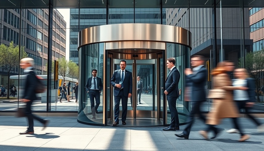 JPMorgan building entrance with businessmen, revolving doors.