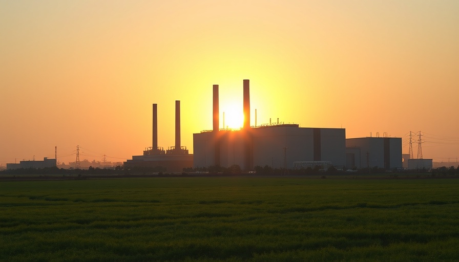 Industrial power plant at sunset with tall chimneys and golden light.