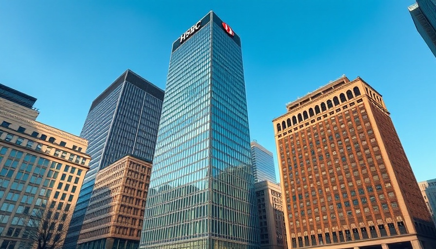 HSBC skyscraper in urban setting, reflecting the cityscape.
