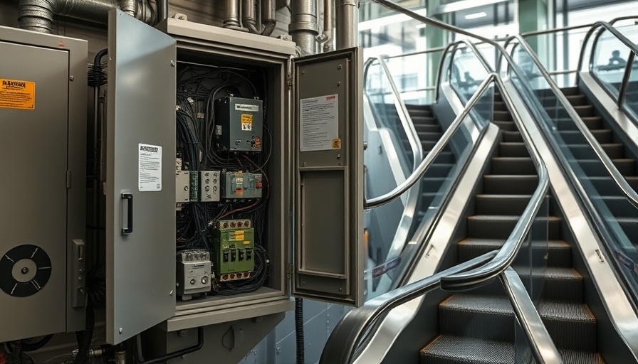 Industrial machinery near escalator in urban setting.