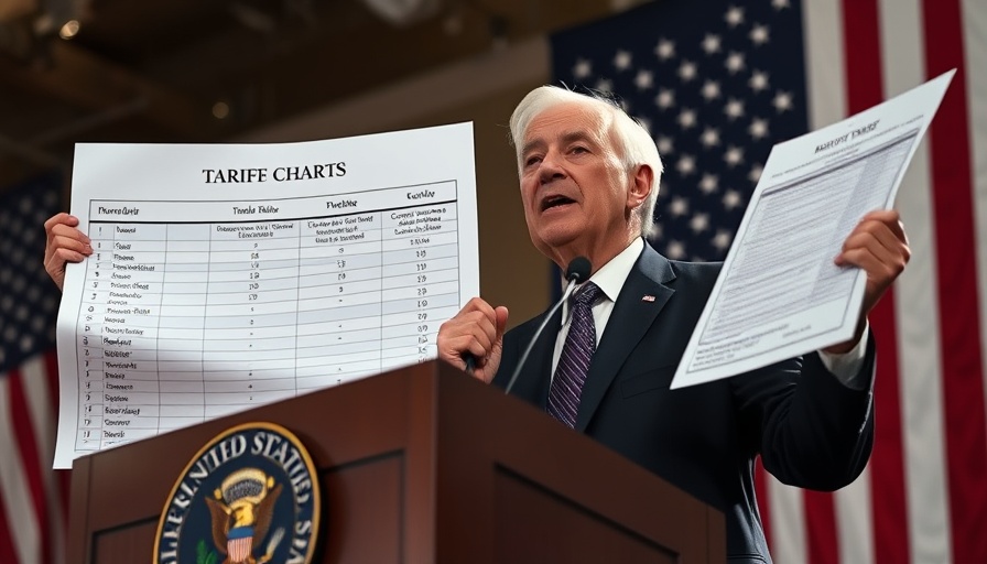Trump Tariff Surprise: Man presents tariff chart at podium with flag backdrop.