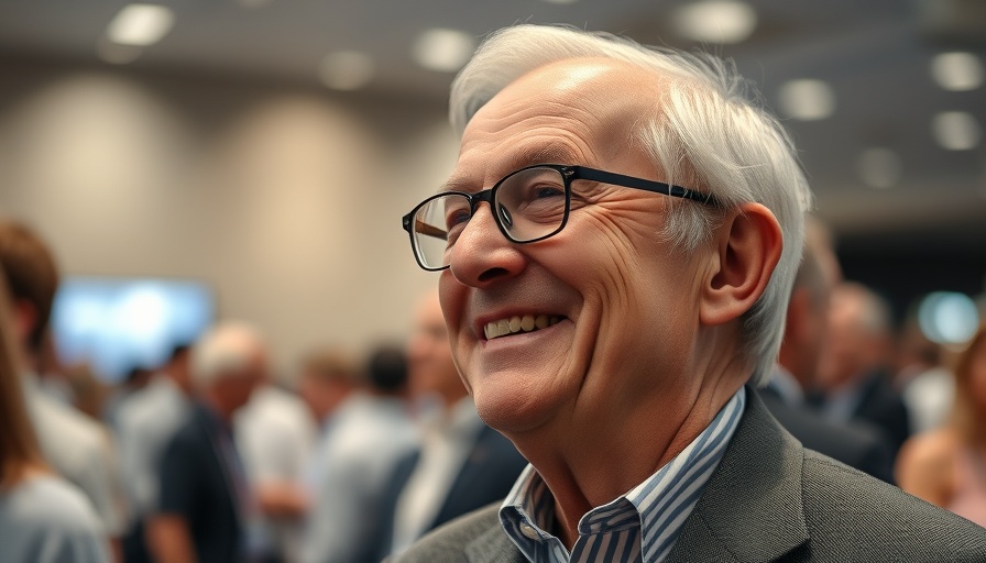 Elderly man smiling at event related to Trump's tariffs investment strategies.