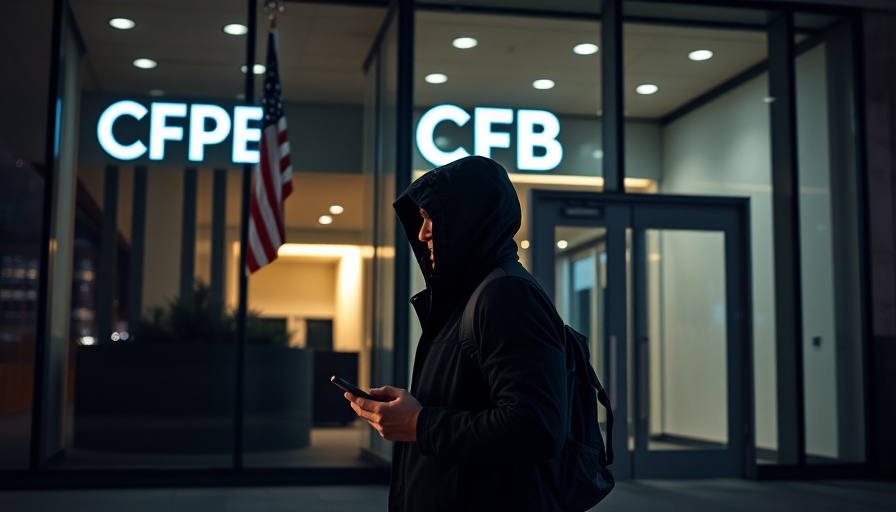 Exterior of CFPB office at night relating to small business lending rule.