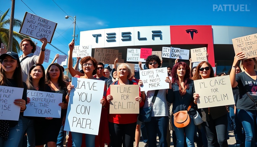 Protest outside Tesla with signs amid Tesla sales decline.