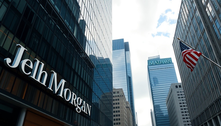 JP Morgan office building in city with US flag reflecting skyline related to US recession forecast.