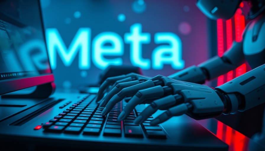Robotic arms at keyboard under Meta logo, symbolizing Meta data center investment.