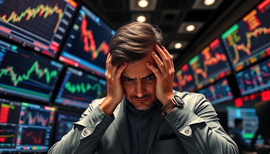 Frustrated trader on chaotic stock market investments trading floor.