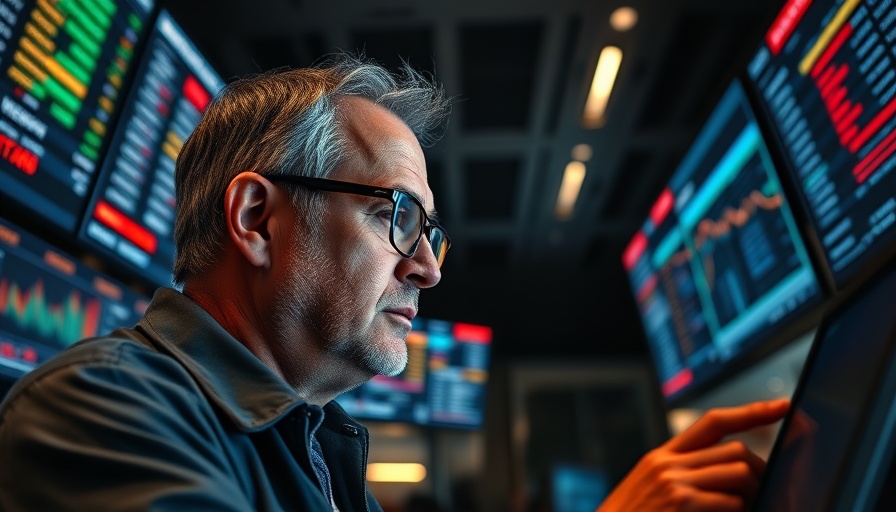 Older man analyzing stock market investments on trading floor.