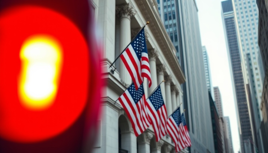 American flags in financial district with blurred red light, stocks recovery forecast.