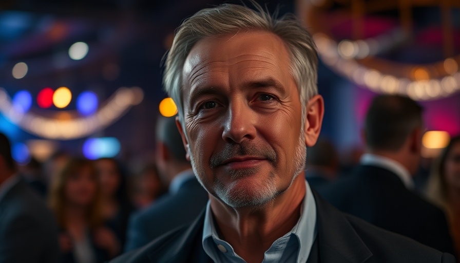 Confident man at event under vibrant lighting, subscription-based financial planning.