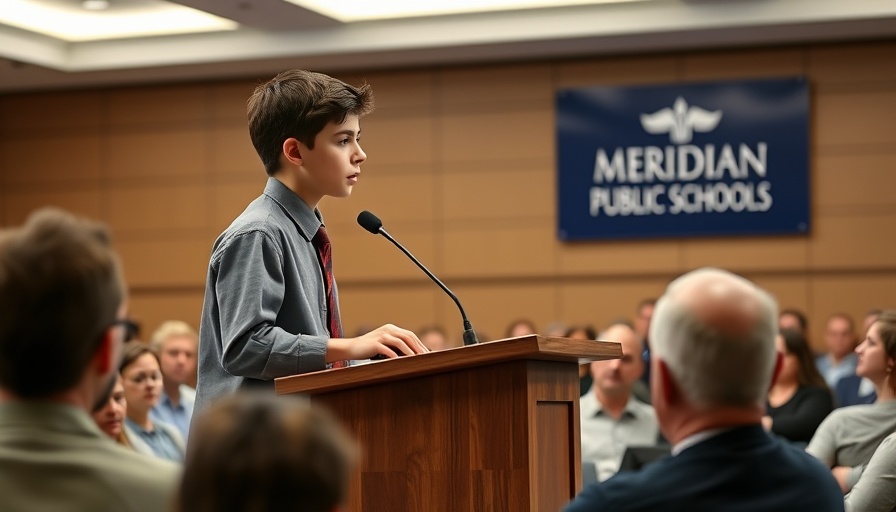 Young speaker delivering speech at Meridian Public Schools event.
