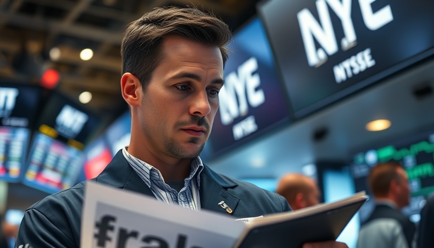 Stock trader examines tariffs news, trading floor, impact on market