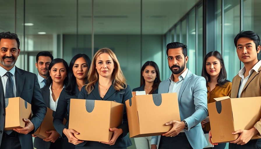 Diverse professionals carrying boxes during MBDA layoffs.