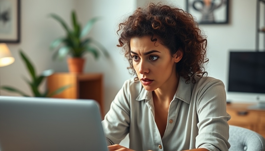 Frustrated woman reacting to laptop, soft light, home office.