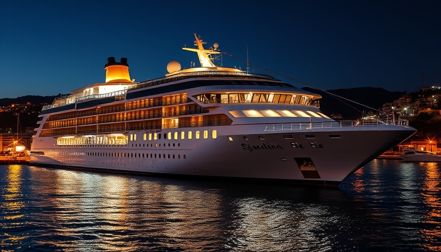 Luxurious cruise ship at night by a lit coastal town, strategic financial planning.
