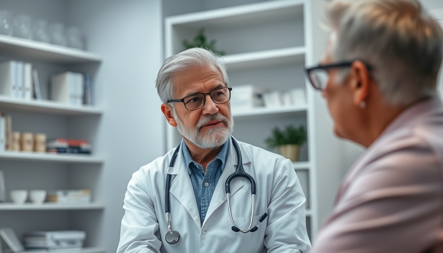 Mature doctor consulting with attentive expression in medical office.