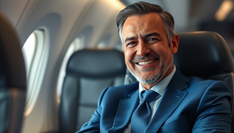 Middle-aged man in suit smiling on airplane, financial planning tourism industry.