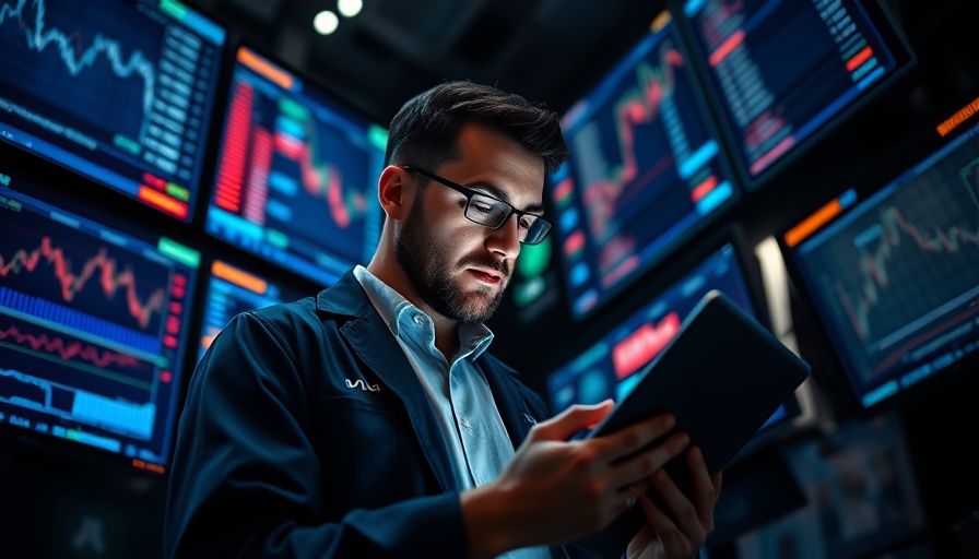 Stock market investments scene with a focused trader analyzing screens.