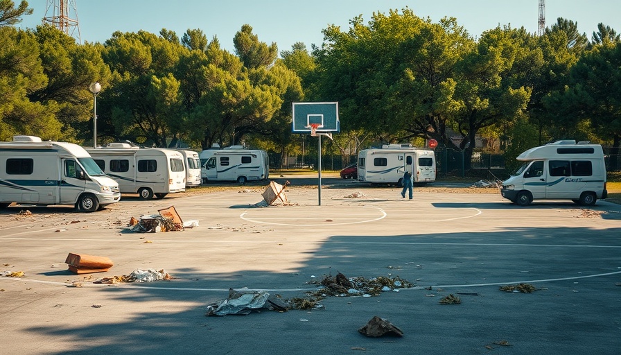San Jose Columbus Park with RVs and litter, potential investment area.