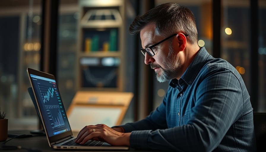 Middle-aged man analyzing data on laptop in modern office, AI in Retail Sales.