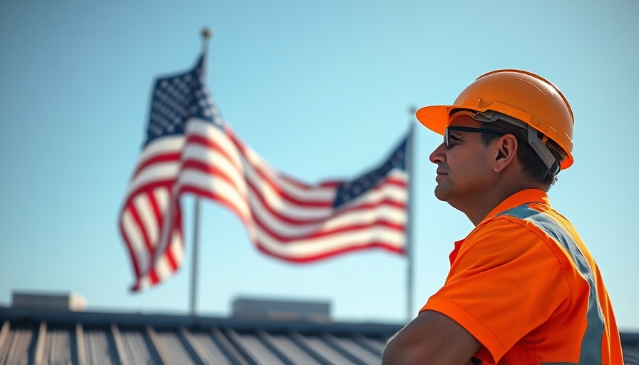 American construction worker with flag symbolizing growth akin to stock market investments.