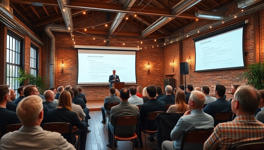 Small business support event in rustic venue with attendees and speaker.