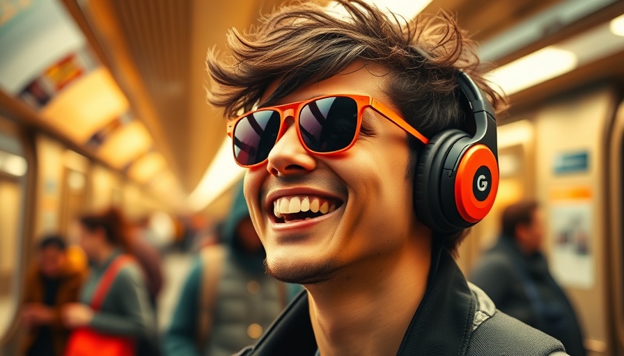 Vibrant young man enjoying music at a subway station, colorful ambiance.