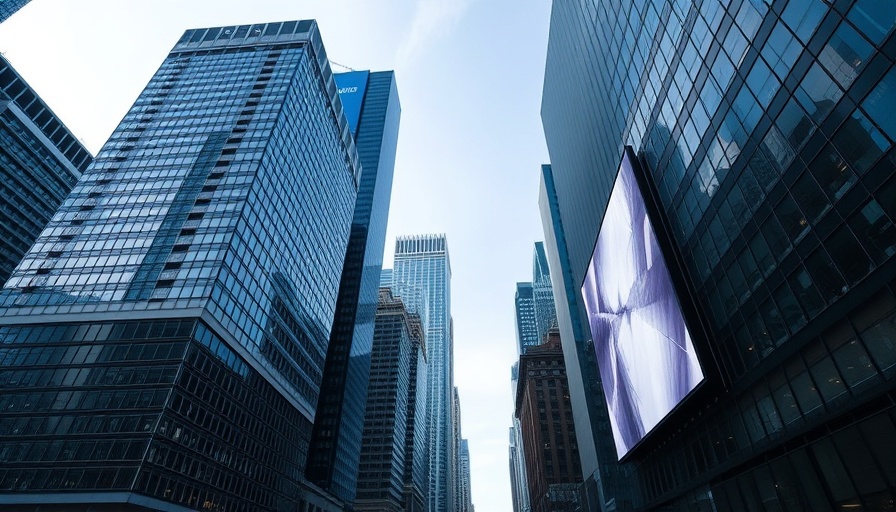 City skyline with a digital billboard in financial district.