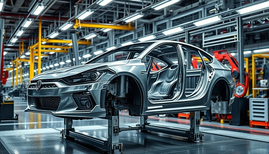 Sleek car frame on assembly line at automotive plant.