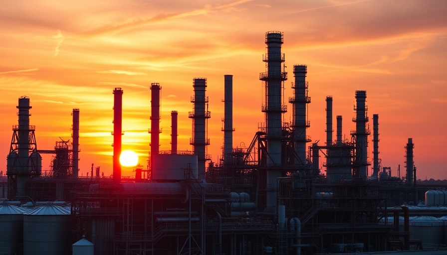 Vibrant sunset over industrial refinery related to Asian market stocks.