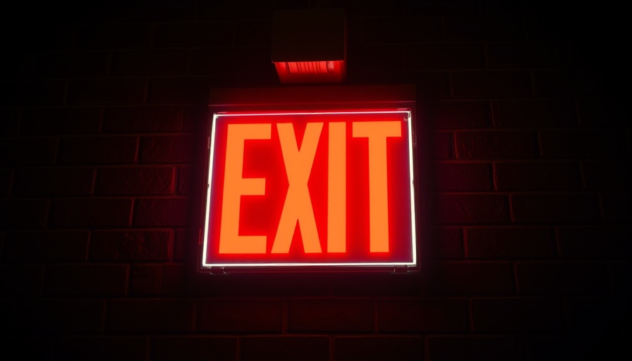 Illuminated red exit sign on a brick wall, symbolizing exit strategy.