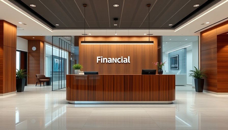 Elegant financial office reception with modern decor and company logo.