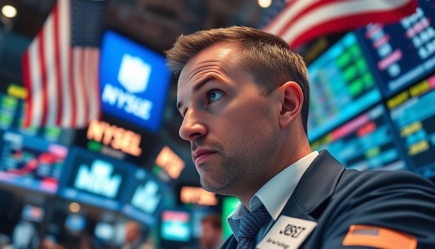 Stock market investments: trader analyzing charts on busy trading floor.