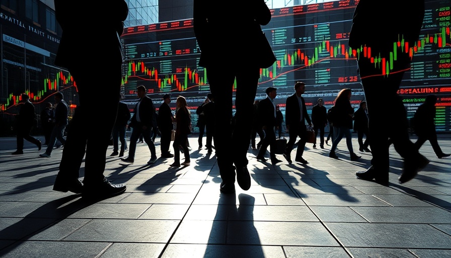 Dynamic financial market scene with human shadows and stock graphs.