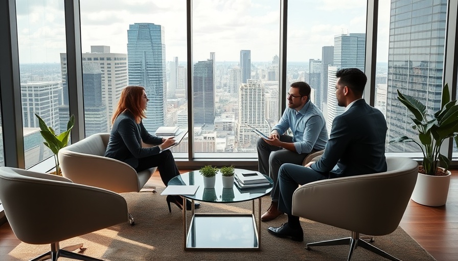 Corporate office meeting on financial planning with cityscape view.
