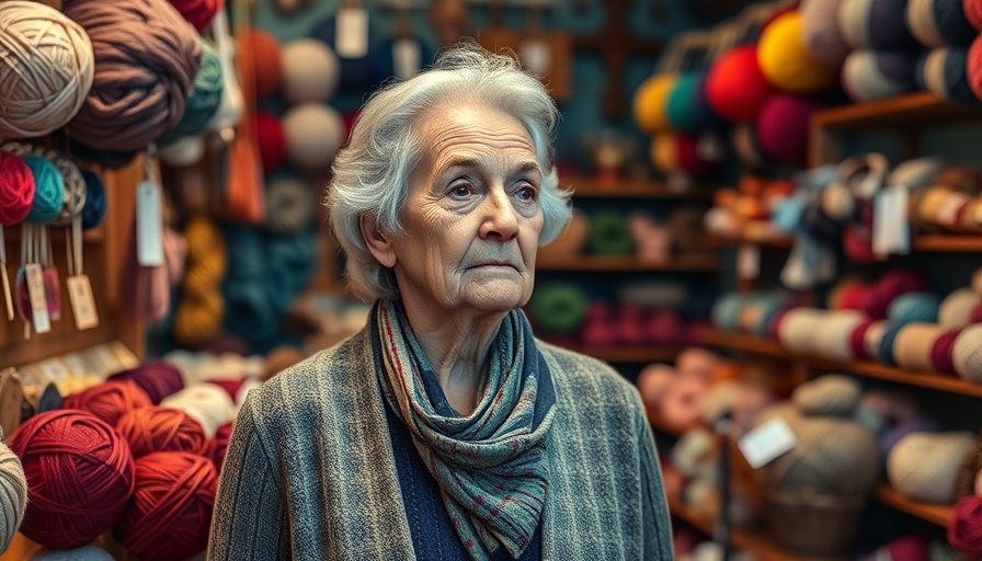 Thoughtful woman in local Portland yarn shop, colorful display.