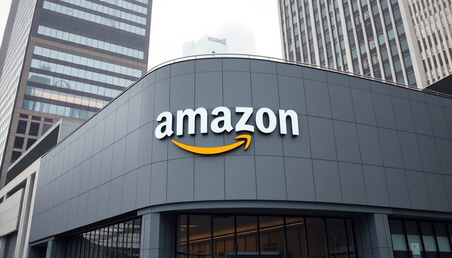 Amazon logo on building facade during overcast day.